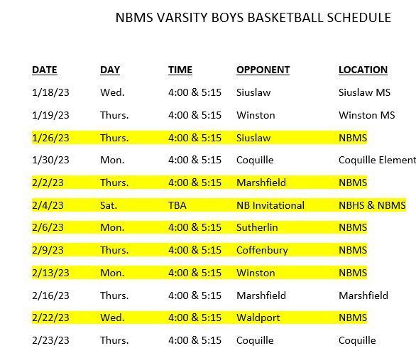 NBMS BBB Varsity Game Schedule