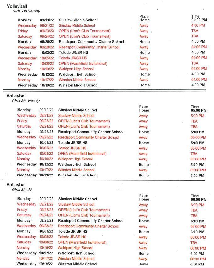 NBMS Volleyball Schedule