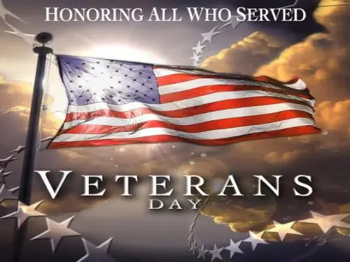 American Flag with "Honoring All Who Served" and "Veterans Day"