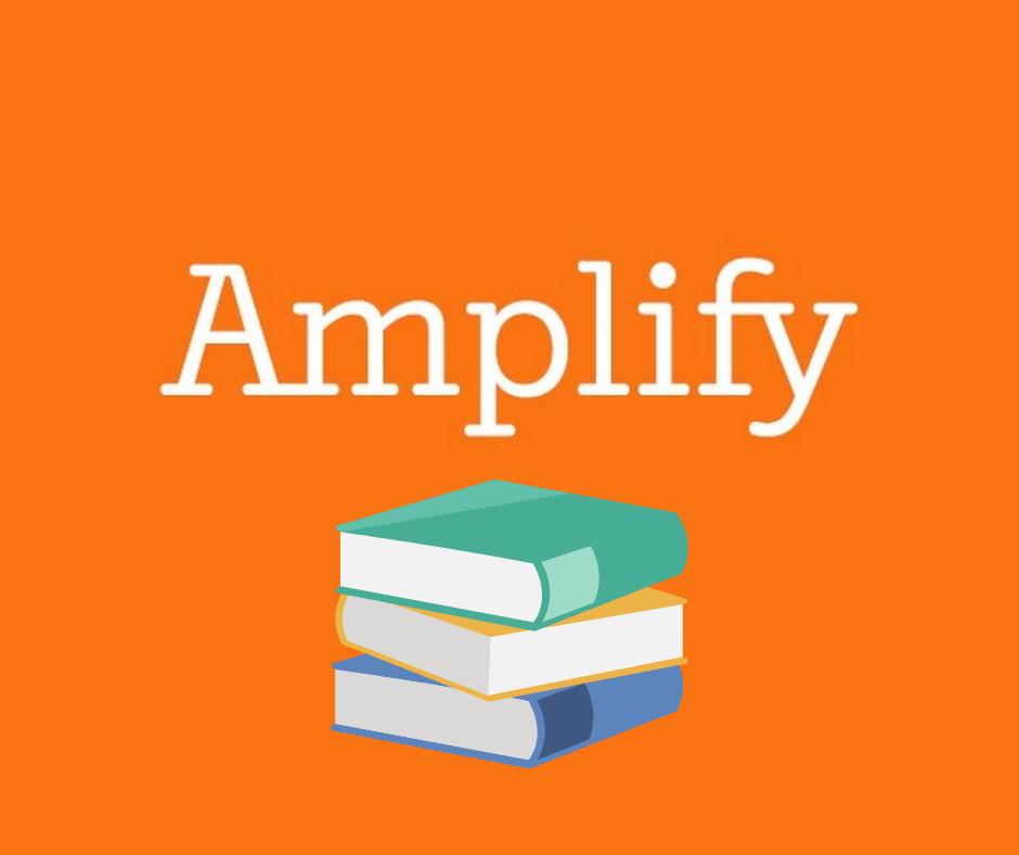 Amplify Logo with a stack of books