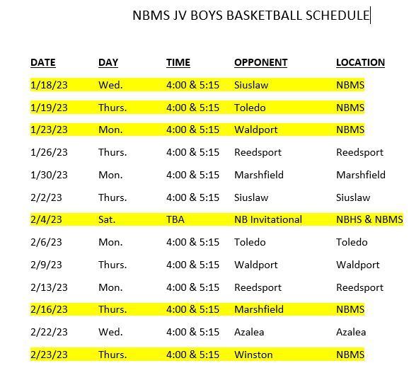NBMS BBB JV Game Schedule