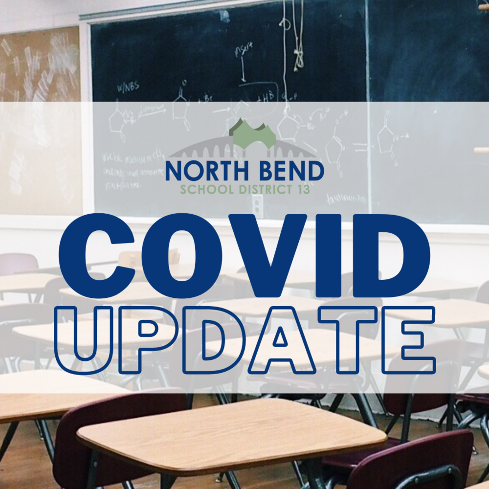 A Classroom in the Background with words, "North Bend School District COVID UPDATE" in the foreground