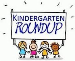 Clipart of students holding sign that say kindergarten roundup