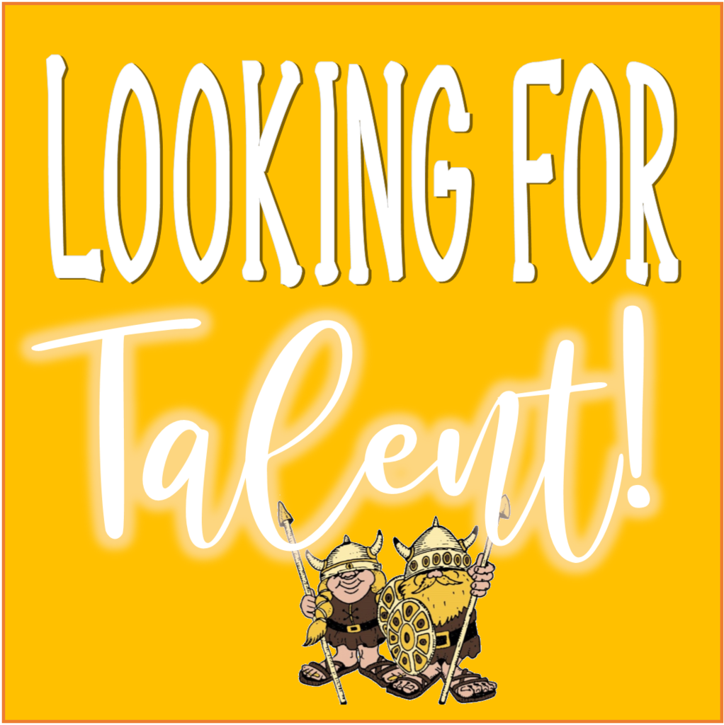 yellow background with words looking for talent, viking couple logo at bottom of square