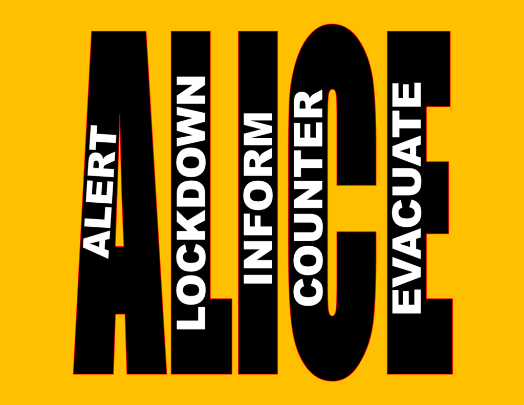 Word art: " Alice, alert, lockdown, inform, counter, evacuate"