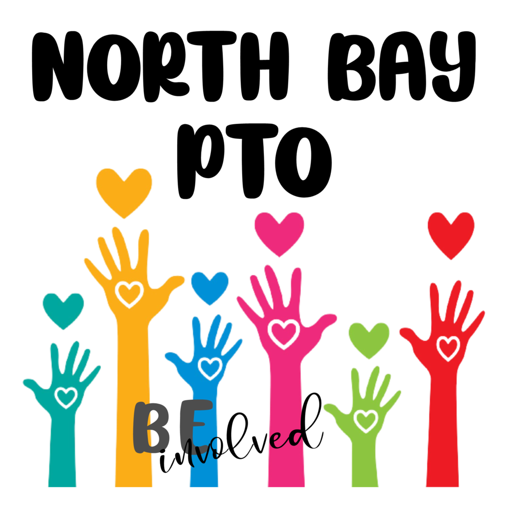 Raised hand clipart with hears in the palms, words say North Bay PTO Be Involved