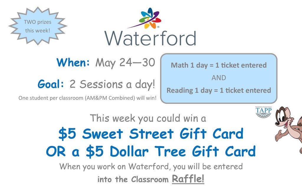 Waterford flyer may 24-30 for each day you log in and work on math and/or reading you earn a raffle ticket for a chance to win a $5 sweet street gift card or a $5 dollar tree gift card