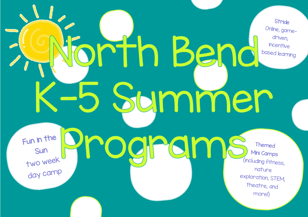 turquoise background with sunshine clipart words say North Bend k-5 summer programs and list program names