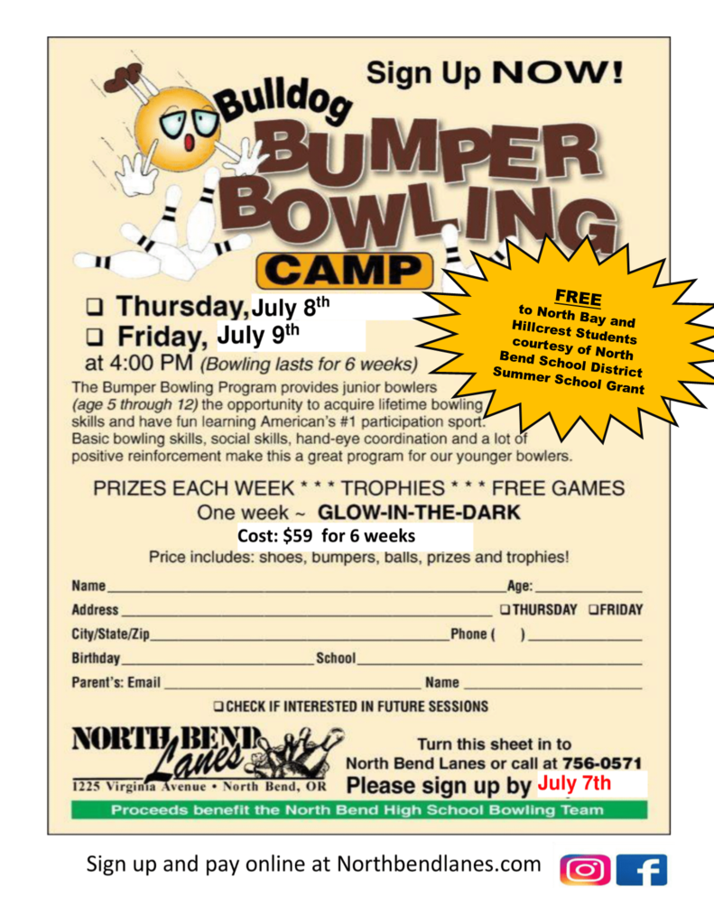 FLyer for North Bend Lanes Bumper Bowling camp clipart of a  bowling ball knocking down pins. Call 541-756-0571 for details