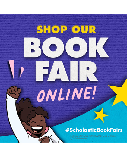 Scholastic book fair poster with "Shop our book fair online" excited girl in bottom corner!