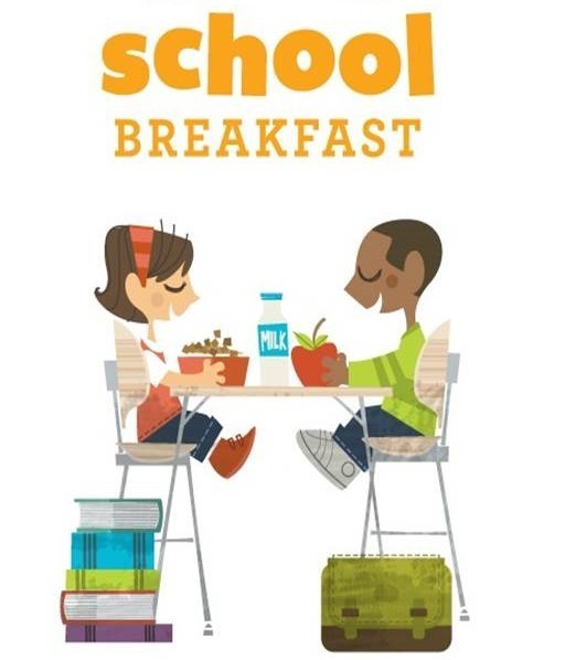 Clipart - students sitting at a desk eating breakfast books and a backpack on the ground