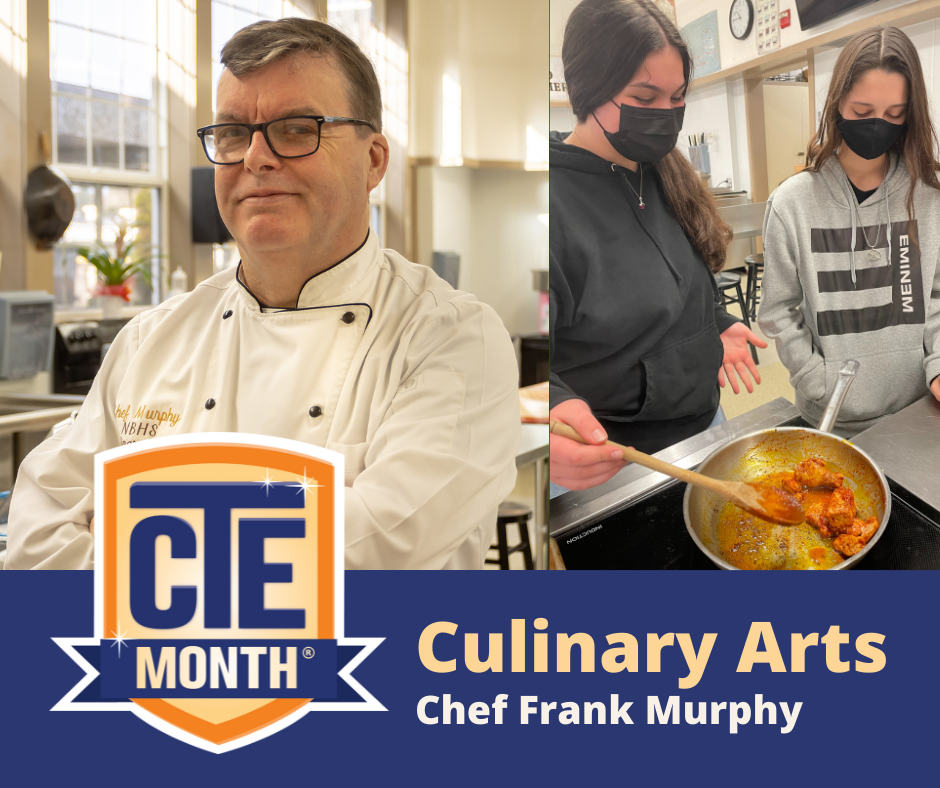 side by side pics: on the left, Chef Murphy, on the right, 2 students cooking
