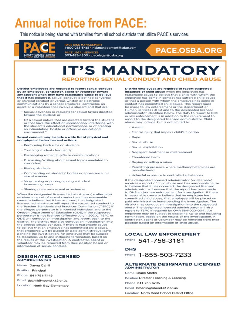 PACE annual notice for mandatory reporters