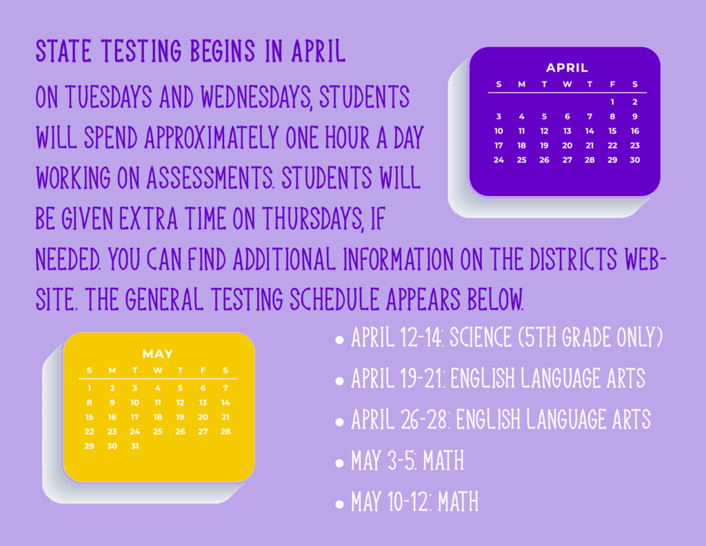 infographic with april and may calendars and state testing schedule information