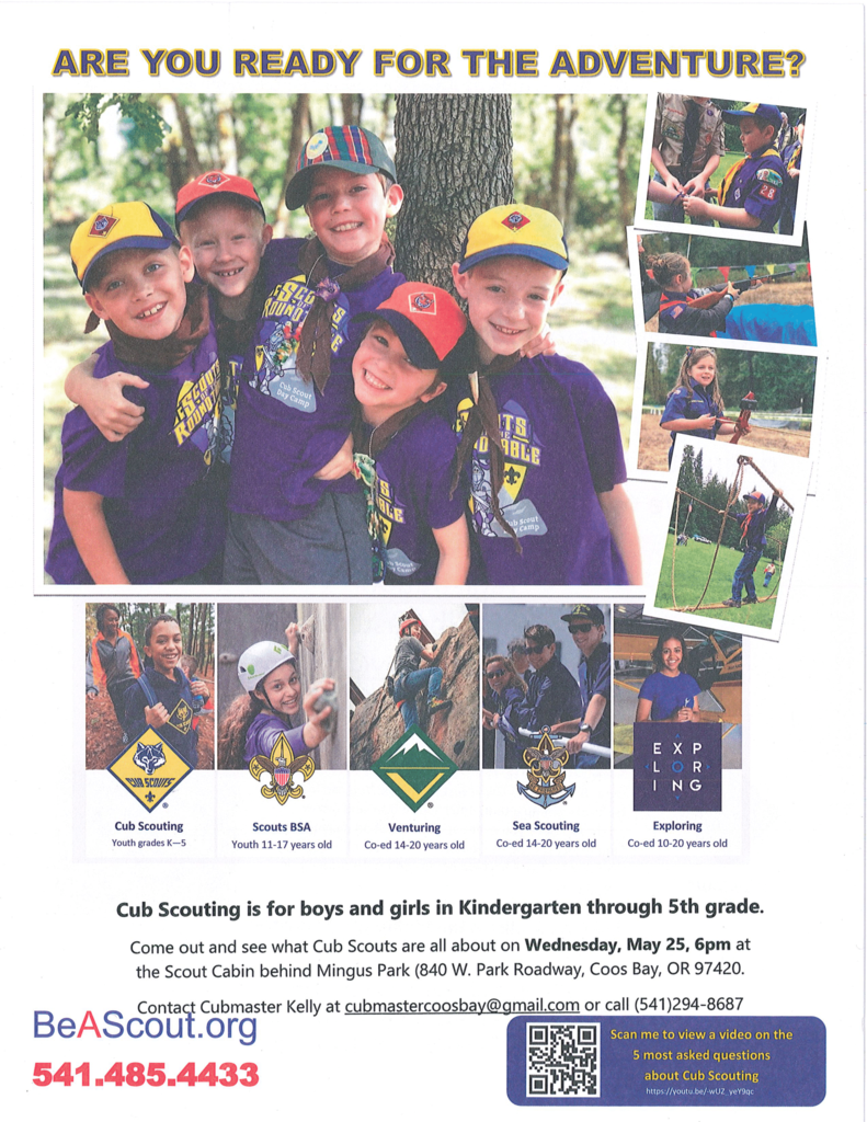 Cub scouts flyer, click link for PDF, call 5414854433 for more info