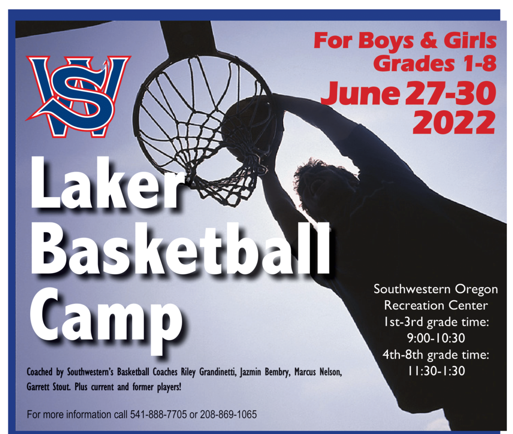 SWOCC Laker Basketball Camp, image of a shadowed person dunking a basketball into a hoop