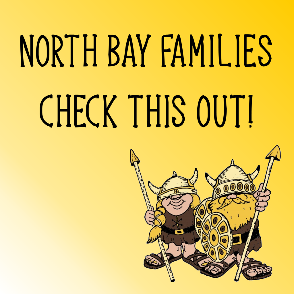 yellow background clipart of viking couple with spears and helmets words say North Bay Families Check this out!