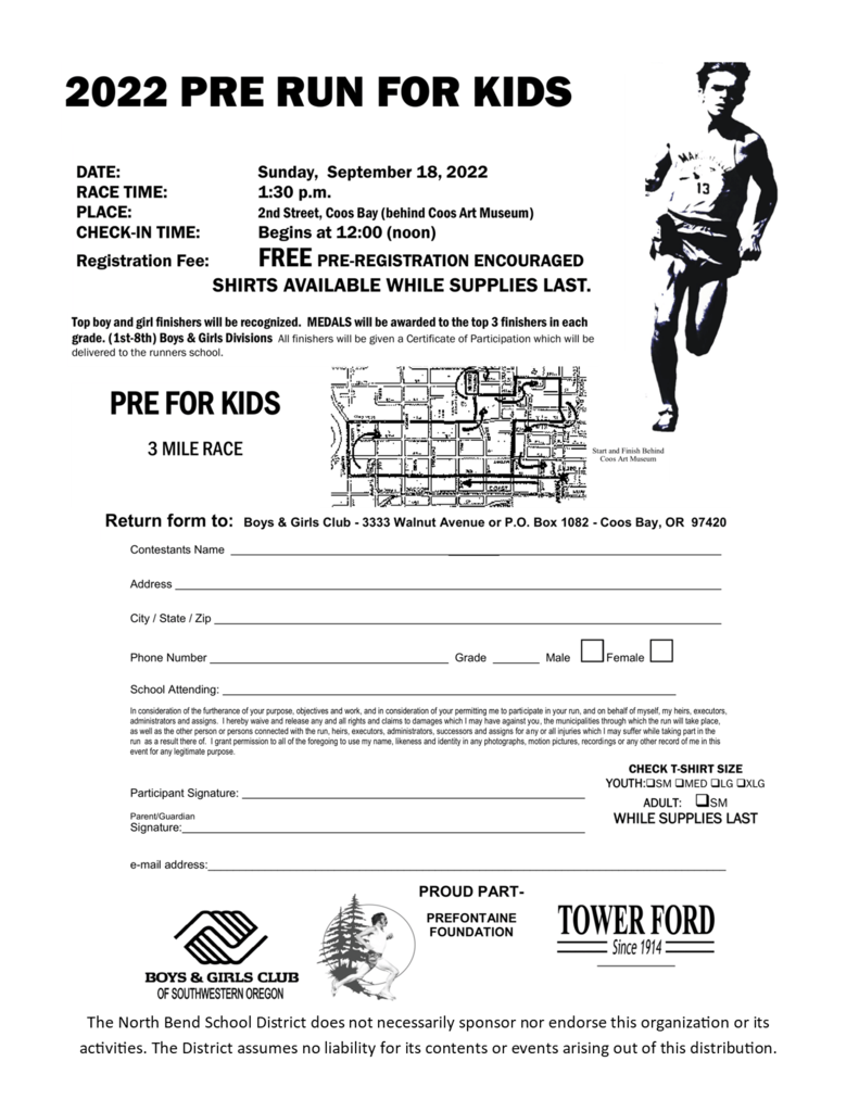 2022 pre run registration form, contact SOYA for more information runner in running gear in uppper right